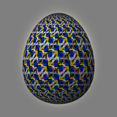 Happy Easter - Frohe Ostern, Artfully designed and colorful easter egg, 3D illustration on grey background