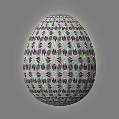 Happy Easter - Frohe Ostern, Artfully designed and colorful easter egg, 3D illustration on grey background