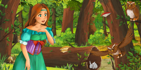 cartoon scene with happy young girl and boy prince and princess in the forest encountering pair of owls flying - illustration for children