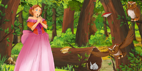 cartoon scene with happy young girl and boy prince and princess in the forest encountering pair of owls flying - illustration for children