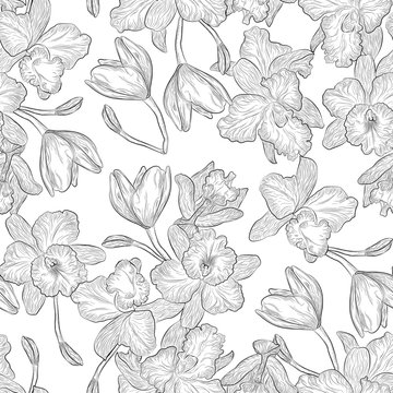 Beautiful seamless pattern with Orchid flowers . Vector illustration. © helenagl