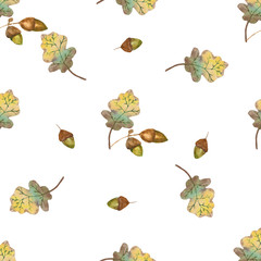 Seamless pattern watercolor fallen down autumn leaves of a tree on a white background Hand painted illustration for design kitchen, bio food, menu, healthy eating © Любовь Анохина