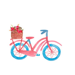 Fototapeta na wymiar Cartoon watercolor bicycle with a basket of flowers isolated on white background. Hand painted illustration for design kitchen, bio food, menu, healthy eating, textiles