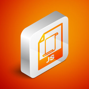 Isometric JS file document icon. Download js button icon isolated on orange background. JS file symbol. Silver square button. Vector Illustration