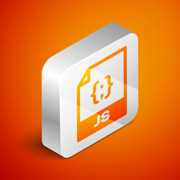 Isometric JS file document icon. Download js button icon isolated on orange background. JS file symbol. Silver square button. Vector Illustration
