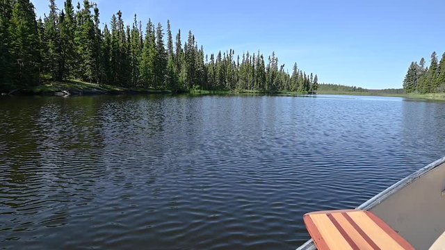 Slow motion video of canoeing along a calm northern river with trees and clouds reflecting in the water including a canoe and paddle in the foreground