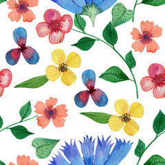 flowers and green leaves seamless pattern