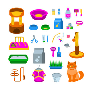 Cat accessories vector flat icons. Pet shop equipment cartoon illustration. Domestic animal care supplies. Items for feeding, grooming, playing, sleeping, treatment