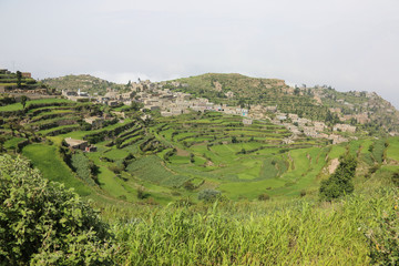 Fototapeta na wymiar Stunning views of the agricultural terraces of Jabal Saber in the city of Taiz, Yemen