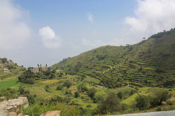 Obraz premium Spectacular views of the agricultural terraces of Sabir mountain in Taiz City, which is the second highest mountain in Yemen and Arabian Peninsula .