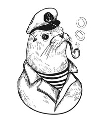 Sea lionl with a smoking pipe in a sailor suit. Prints for T-shirts. Tattoo sketch.