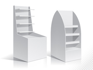 White Empty Displays With Shelves Products.Display on Isolated white background. Mock-up template. Product Packing Vector