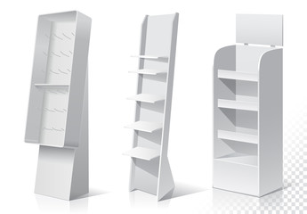 White Empty Displays With Shelves Products.Display on Isolated white background. Mock-up template. Product Packing Vector