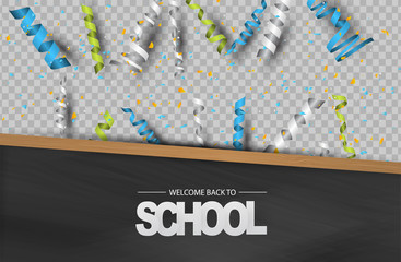 Welcome back to school background with wooden frame blackboard, falling confetti and ringlets over transparent space for custom photo. Vector illustration.
