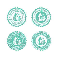 Antibacterial labels set. Vector badges with clean drop with fresh leaves and sparklers for package design.