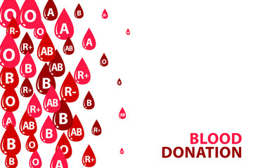 Blood donation design concept. Vector horizontal banner with vertical border. Medical background with decoration from red drops with blood types