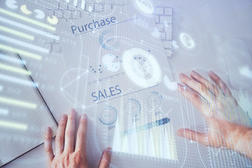 Man hands with data theme double exposure icons.