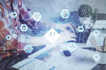 Obraz premium Double exposure of technology hologram with man working on computer background. Concept of big data.