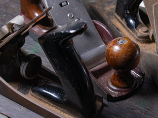 Woodworking tools on a wood workbench
