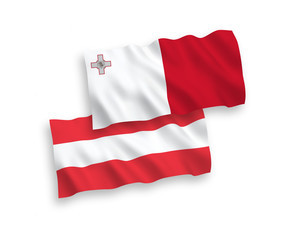 National vector fabric wave flags of Austria and Malta isolated on white background. 1 to 2 proportion.