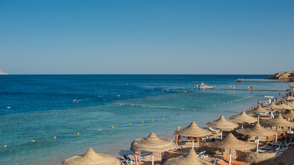 Thatched beach umbrellas and loungers on a beach at an idyllic tropical resort for a summer vacation