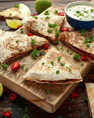 Mexican quesadilla with chicken, corn, black beans, cheese, vegetables, lime and yogurt sauce on wooden board
