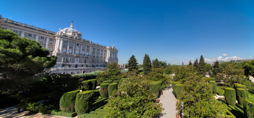 Panoramic view of the Royal Palace of Madrid and the gardens of Sabatini