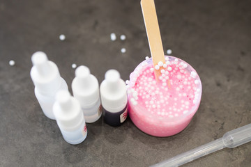 Ingridients for making slime at home, closeup photo