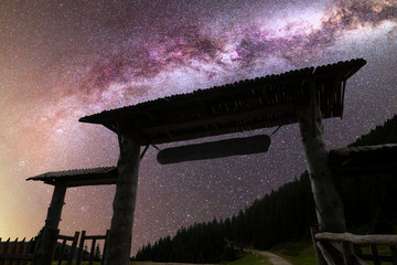 Purple Milky way falling stars wooden door