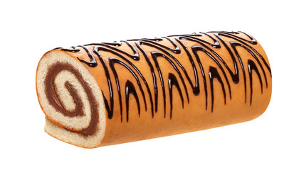 Sponge cake roll isolated on white background, swiss roll with chocolate cream