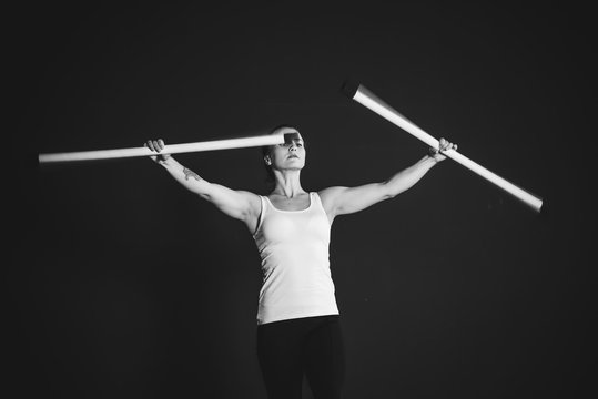 Juggler Woman Do His Sticks Performance, Circus Artist Training  