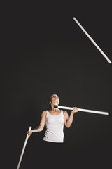 Juggler woman do his sticks performance, Circus artist training  