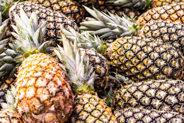 Sweet pineapples in the market. Fresh fruits
