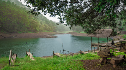 Pontoon With Mountain View Background