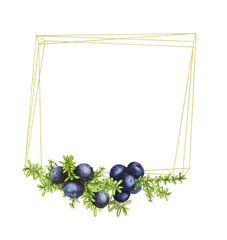 Golden geometric frame with black forest northern berries of the crowberry, painted in watercolor. Ideal for wedding invitations, cards, logos