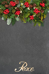 Christmas peace background border with gold sign, winter flora and fauna of holly, mistletoe, ivy,...