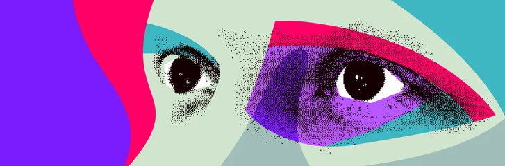 Foto op Aluminium Looking eyes 8 bit dotted design style vector abstraction, human face stylized design element, with colorful splats. © Sylverarts