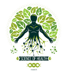 Vector individual, mystic character deriving from the futuristic molecular connections and created with eco tree leaves. Recycling and reuse concept, renewable resources idea.