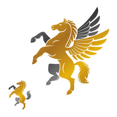 Winged Pegasus and Horse ancient emblems elements set. Heraldic vector design elements collection. Retro style label, heraldry logo.
