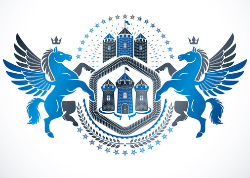 Heraldic design, vector vintage emblem created using mythic Pegasus illustration, ancient castle and imperial crown.