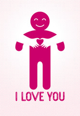 Love arms hugging lover and shows heart shape gesture hands, lover woman hugging his man and shares love, vector icon logo or illustration in simplistic symbolic style.