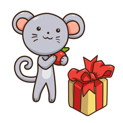 Vector illustration of cartoon mouse character isolated on white background. Symbol of chinese new year 2020. Gift box with red ribbon and bow.