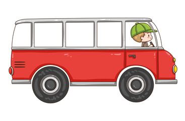 Vector illustration of cartoon bus isolated on white background. Cute chibi character. 