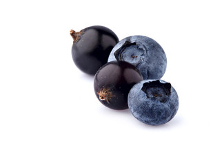 Black currant berry with blueberries on White Background isolated.