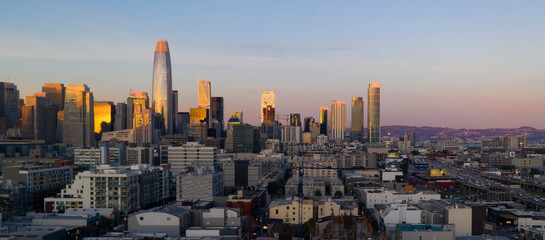 Sunset Light On New Buildings in The Downtown City Skyline of San Francisco