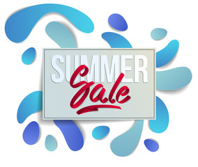 Summer sale flyer template with lettering, poster, card, banner, advertising design, vector modern style cartoon paper cut 3d illustration.