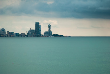 Cityscape sea view, modern city by the sea,
