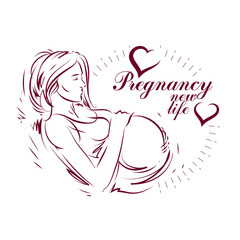 Vector hand-drawn illustration of pregnant elegant woman expecting baby, sketch. Neonatal care center advertising poster