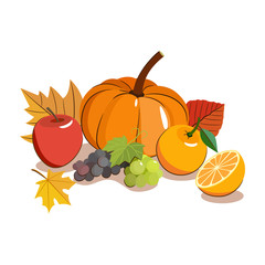 Thanksgiving food icon. Autumnal fruit with yellow leaf isolated on white background