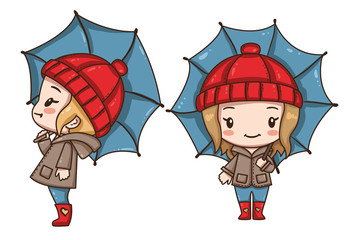 Vector illustration of cute chibi character isolated on white background. Cartoon little girl with umbrella. Front view and side view girl. 